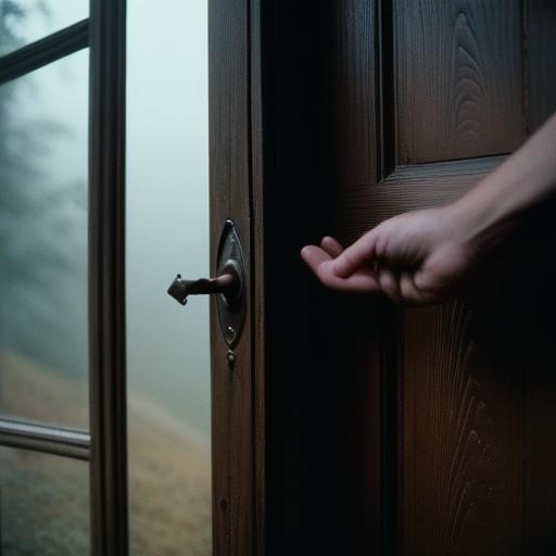 Hand opening a heavy door to mist